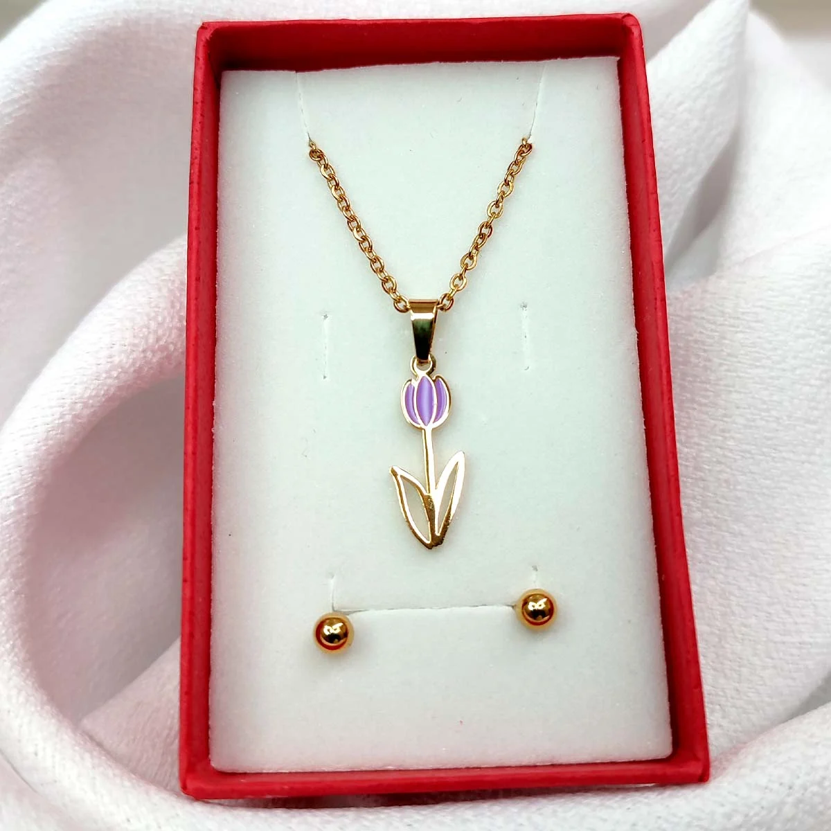 Set Joyeria Acero Inox Dorado Bella Flor Tulipan Morado