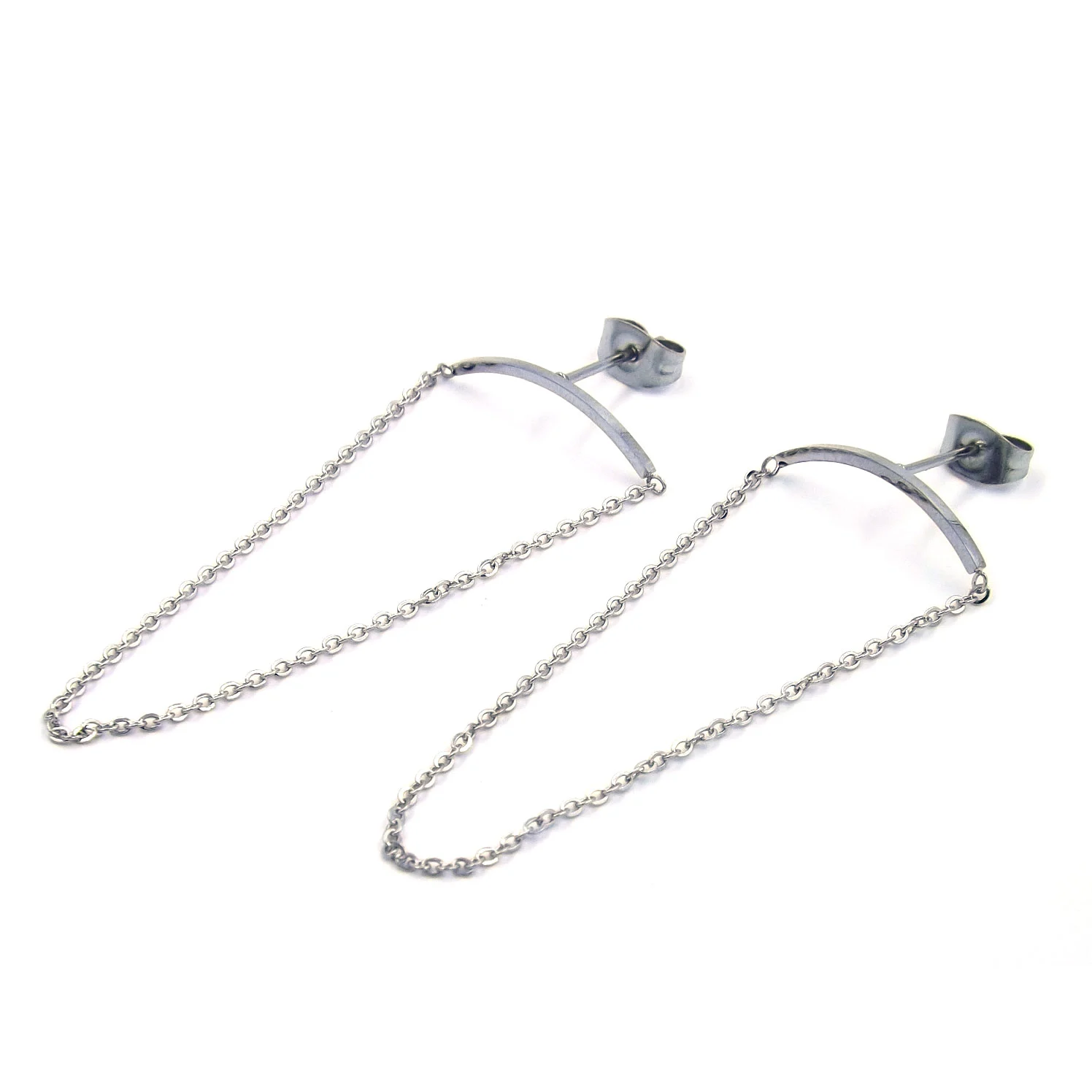 Aretes Largos de Acero Plateado Cadena Colgante