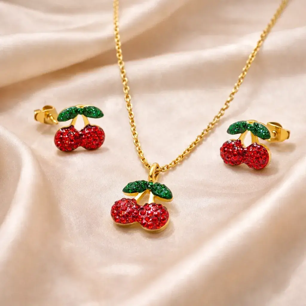 Set Joyería Dorado Cerezas Microcristales Rojos y Verdes