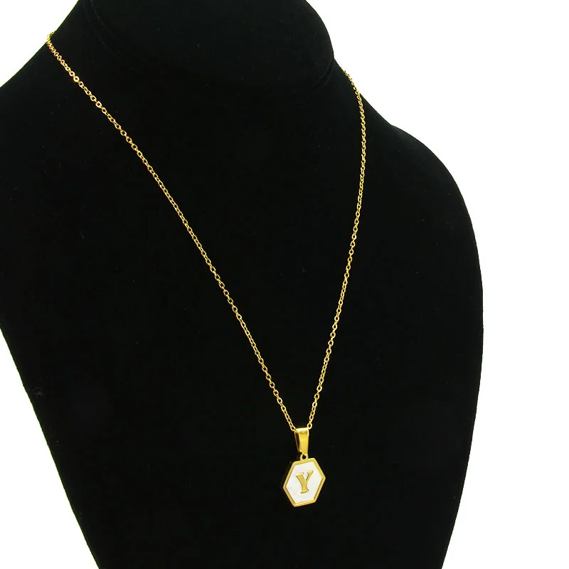 Collar Acero Inox Dorado Hexagonal Letra Y Madre Perla