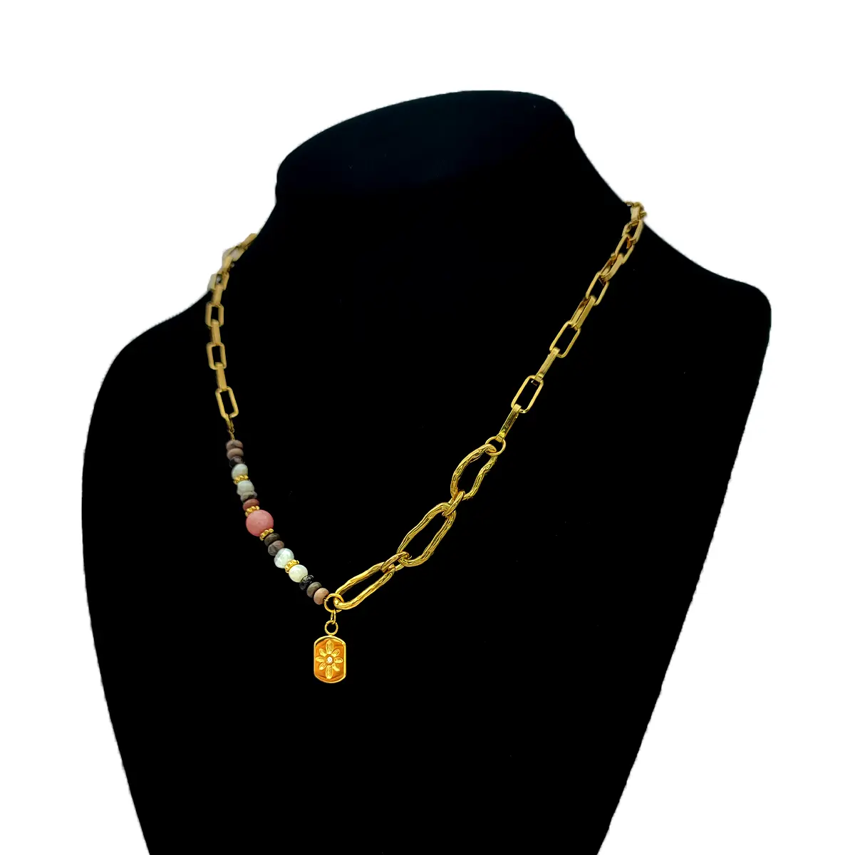 Collar Acero Dorado Cuentas Multicolor Perla Flor Cristal