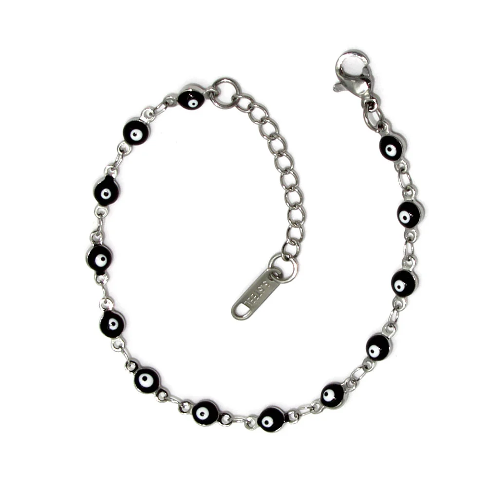 Pulsera Acero Plateado Ojo Turco Nazar 4 Mm Negro Poder