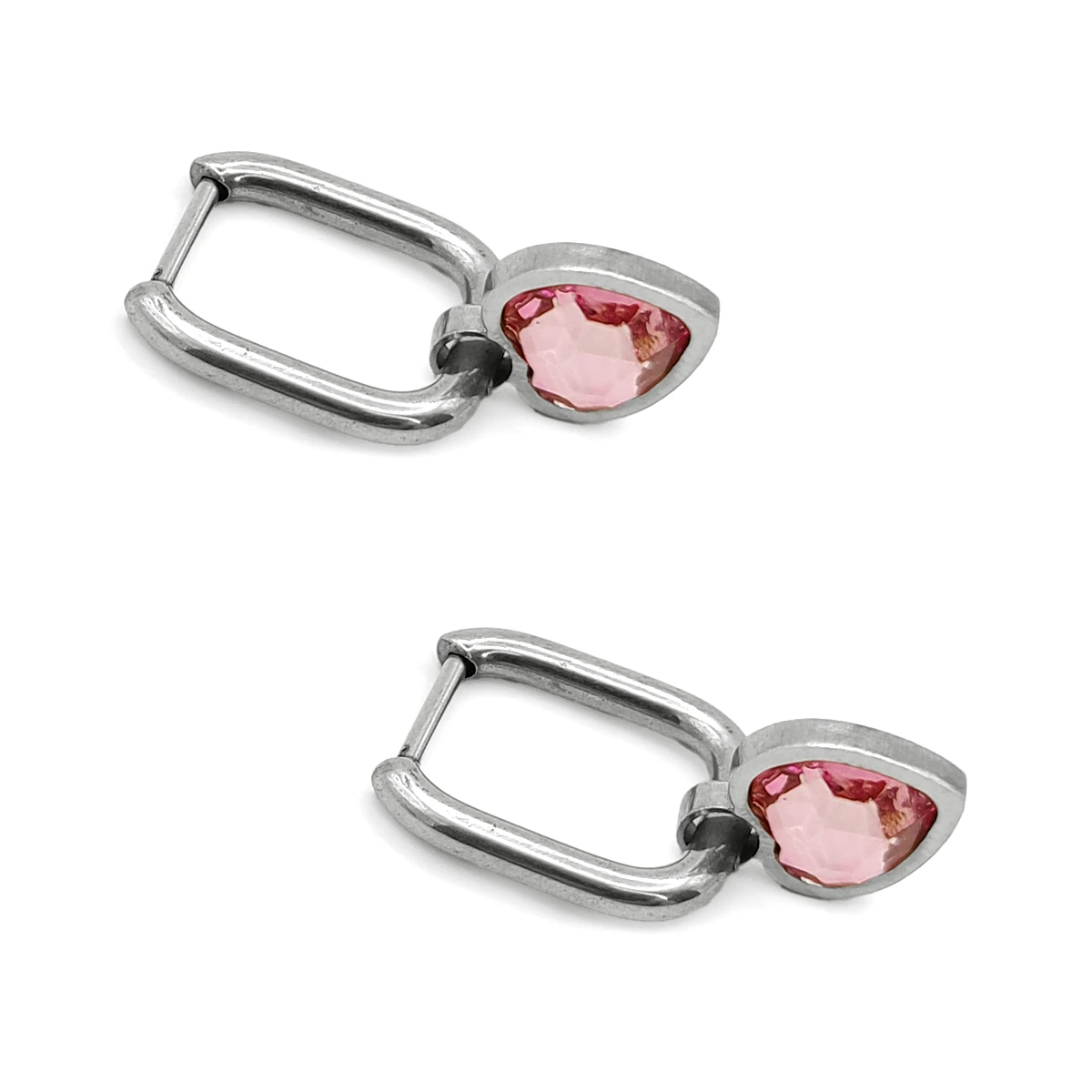 Aretes Acero Plateado Huggies Rectangulares Corazon Rosa
