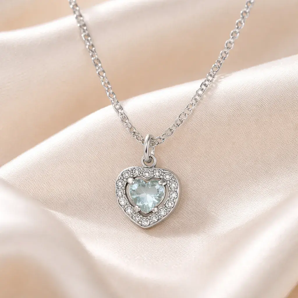 Collar Acero Plateado Cristales Corazón Zirconia Azul