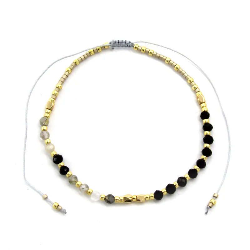 Juego Pulsera 3 Pzas Negro Cristales Piedras y Perla