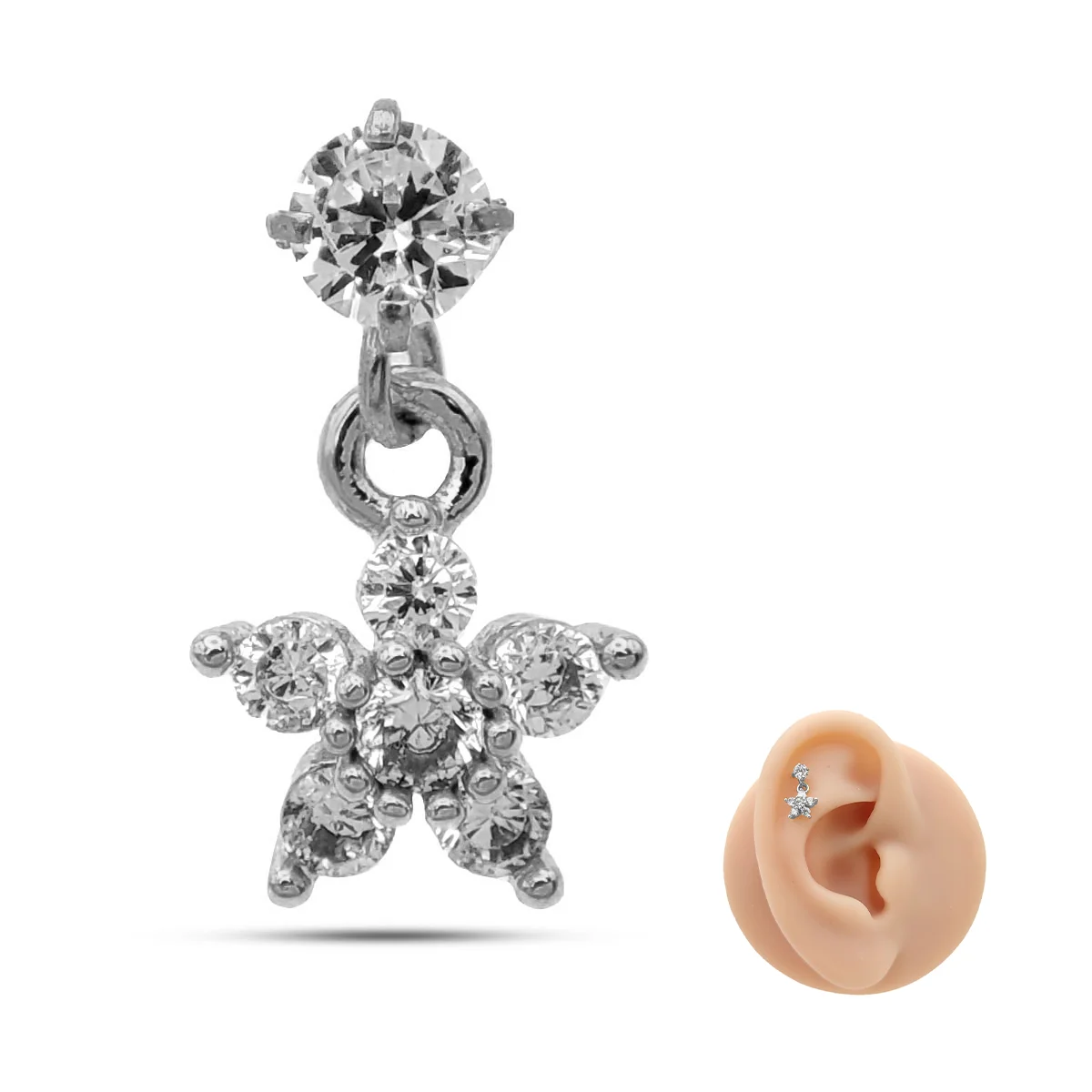 Piercing de Oreja Acero Colgante Estrella Seis Zirconias