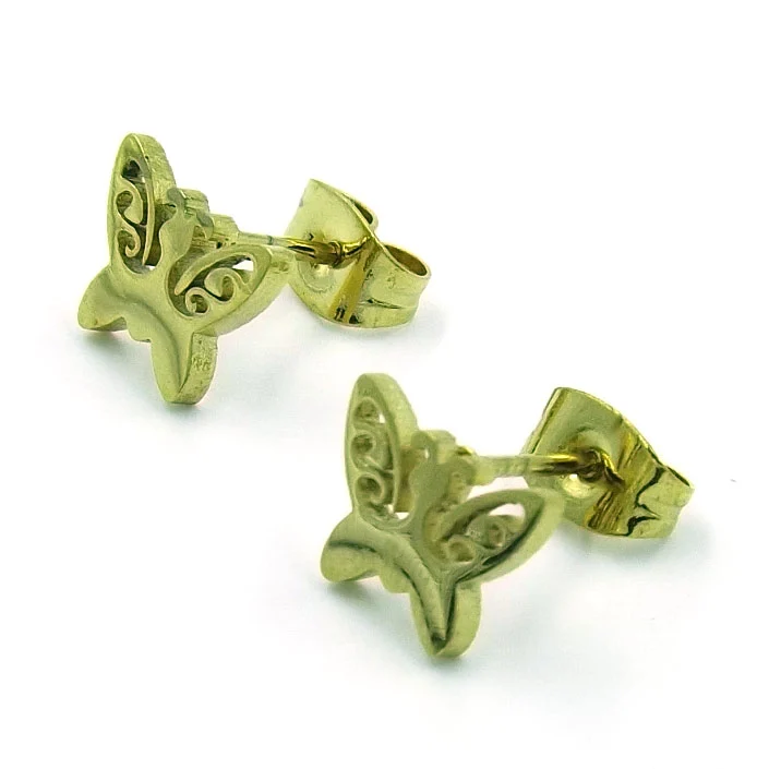 Aretes tipo Broquel Acero Dorado Mariposa Calada