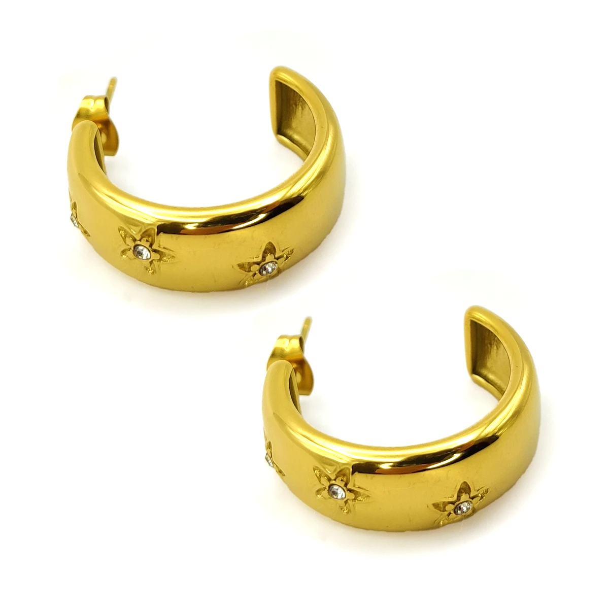 Aretes Acero Dorado Arracadas Gruesas Estrellas Zirconia