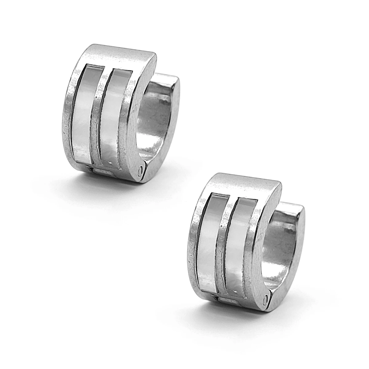 Aretes Acero Plateado Huggies Anchos Lineas Madre Perla
