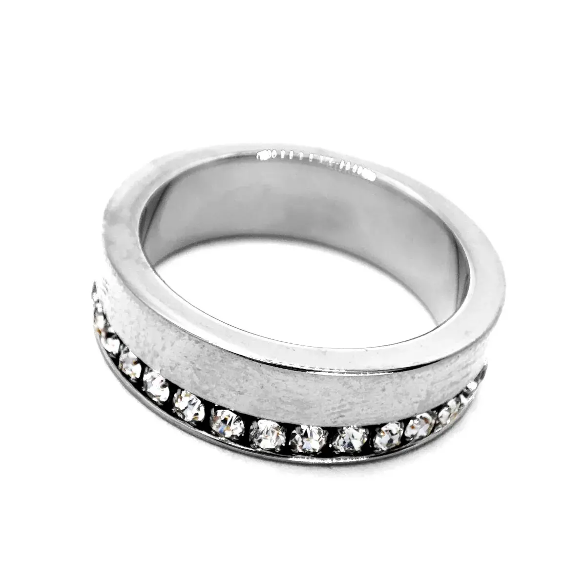Anillo Acero Plateado Elegante Argolla Linea Zirconias