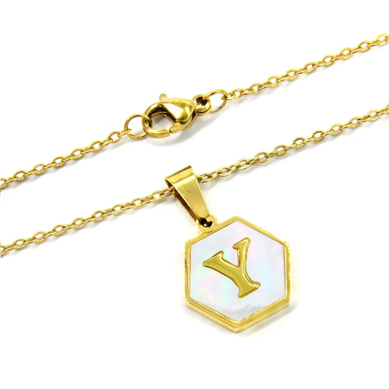 Collar Acero Inox Dorado Hexagonal Letra Y Madre Perla