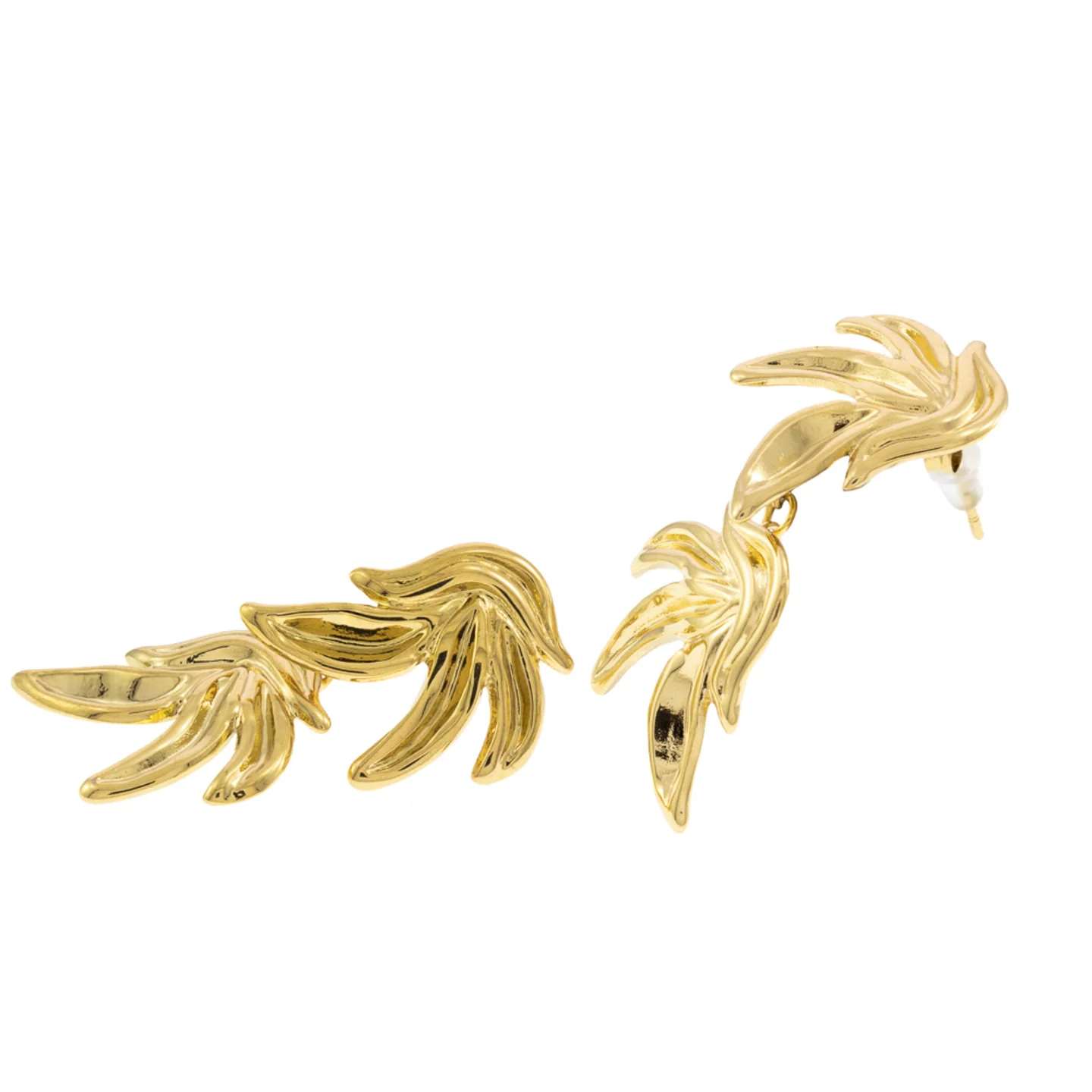 Aretes Acero Dorado Largos Hojas Texturizadas Elegantes