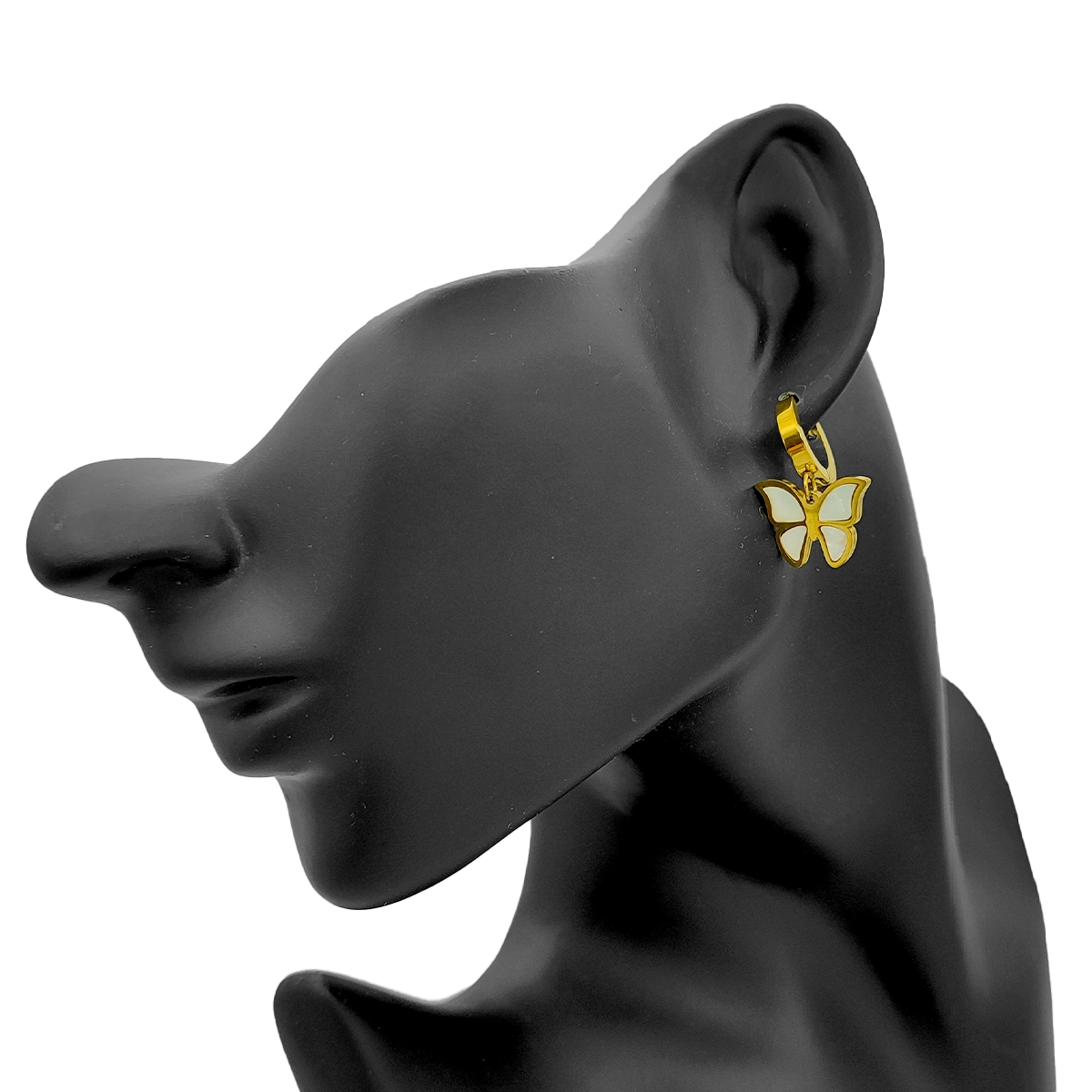Aretes Acero Dorado Huggies Colgante Mariposa Madre Perla
