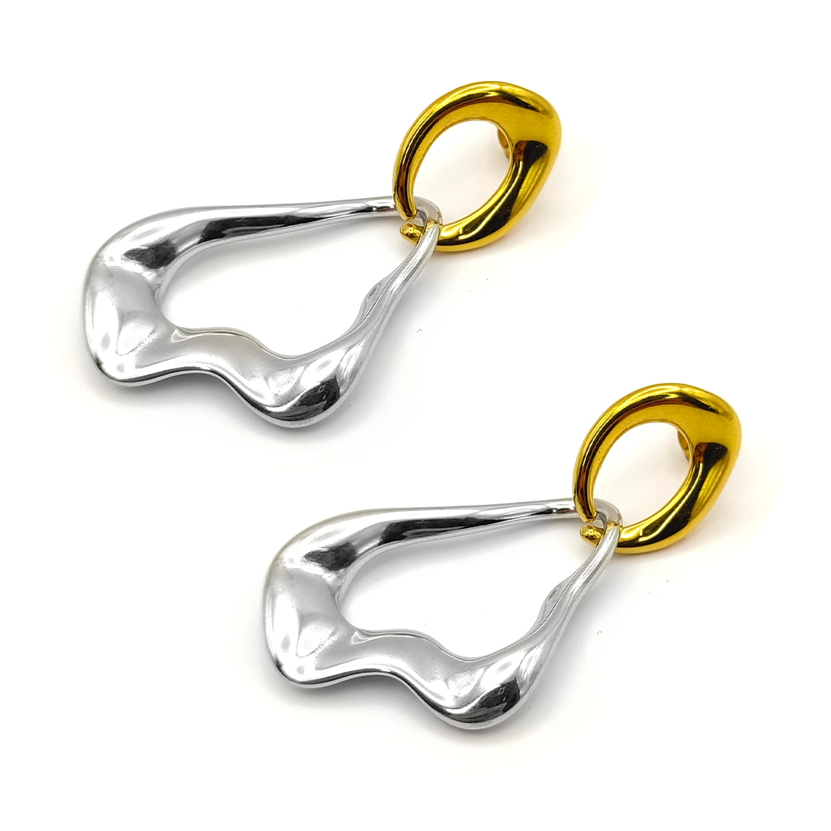 Aretes Acero Bicolor Asimetrico Onda Irregular Colgante