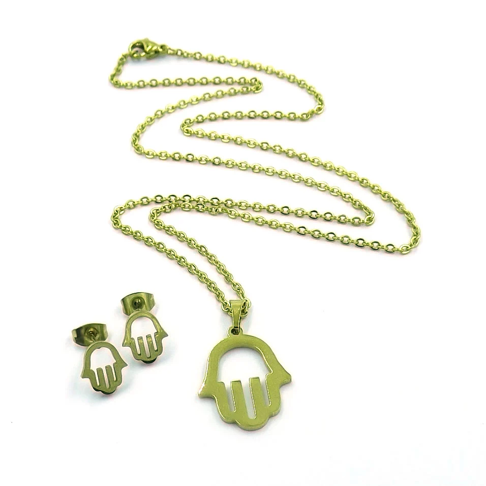 Set Joyería Acero Dorado Collar Aretes Mano Fatima Sencilla