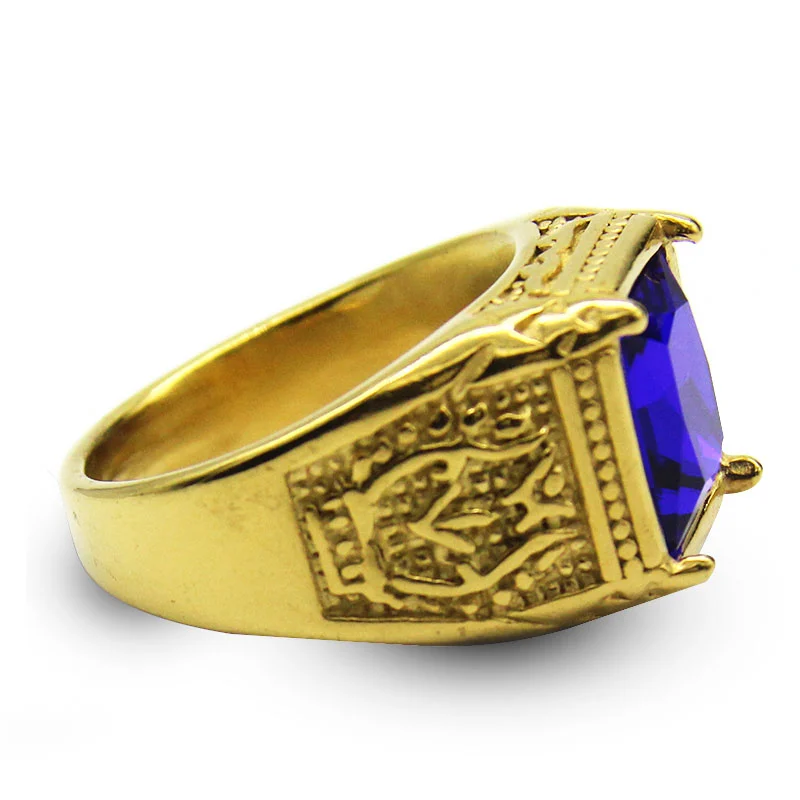 Anillo Hombre Acero Inoxidable Dorado Zirconia Azul