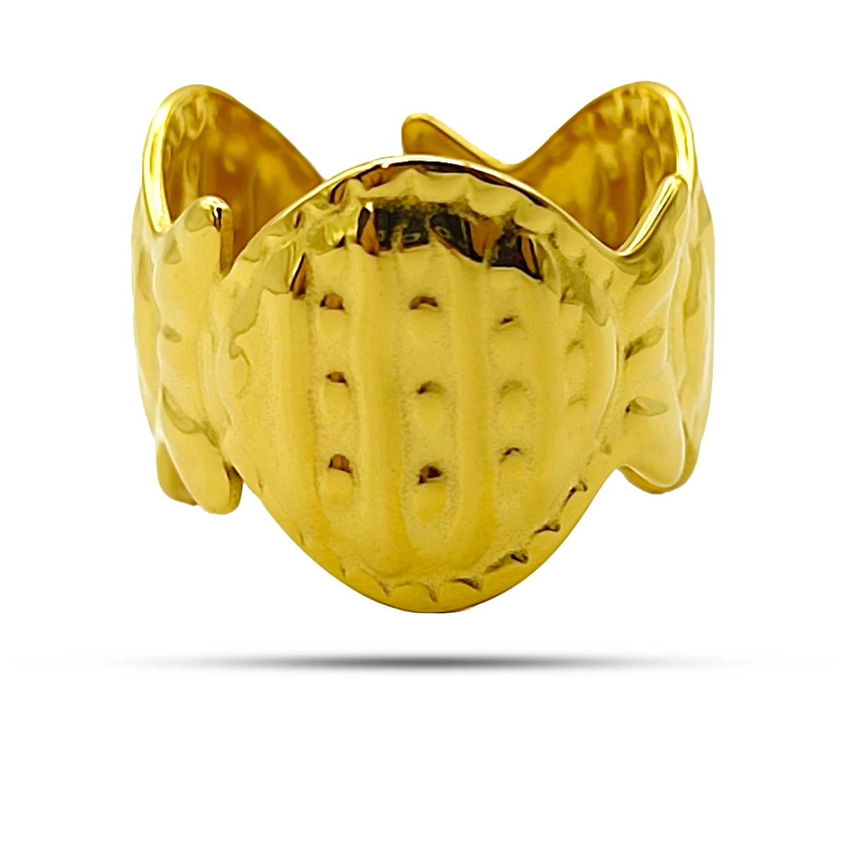 Anillo Acero Dorado Ancho Estriado Martillado Ajustable