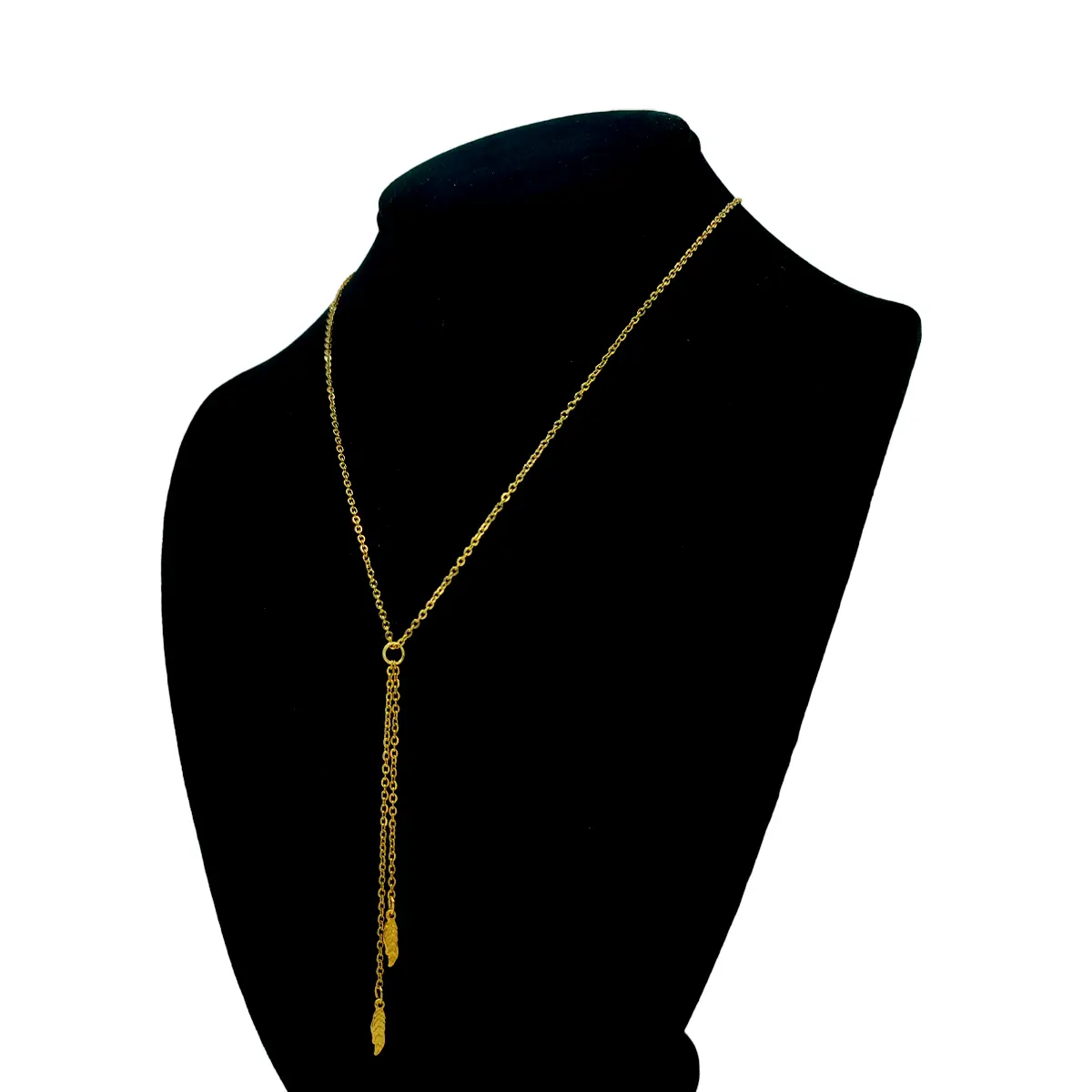 Collar Acero Dorado Corbatín Largo Cadena con Plumas