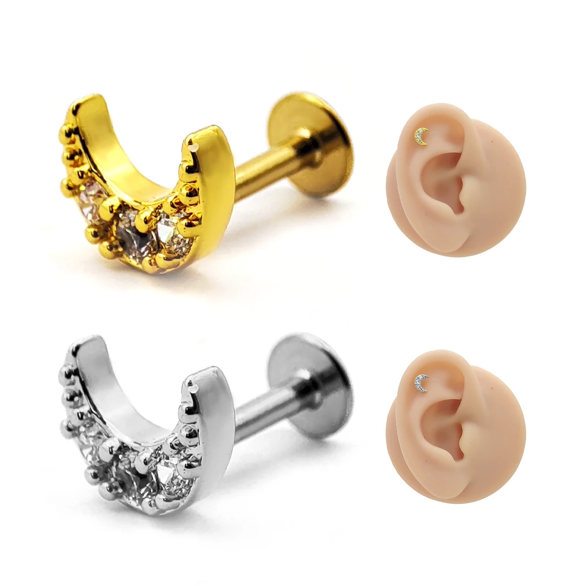 Piercing de Oreja Acero Luna Creciente Cristales Claros
