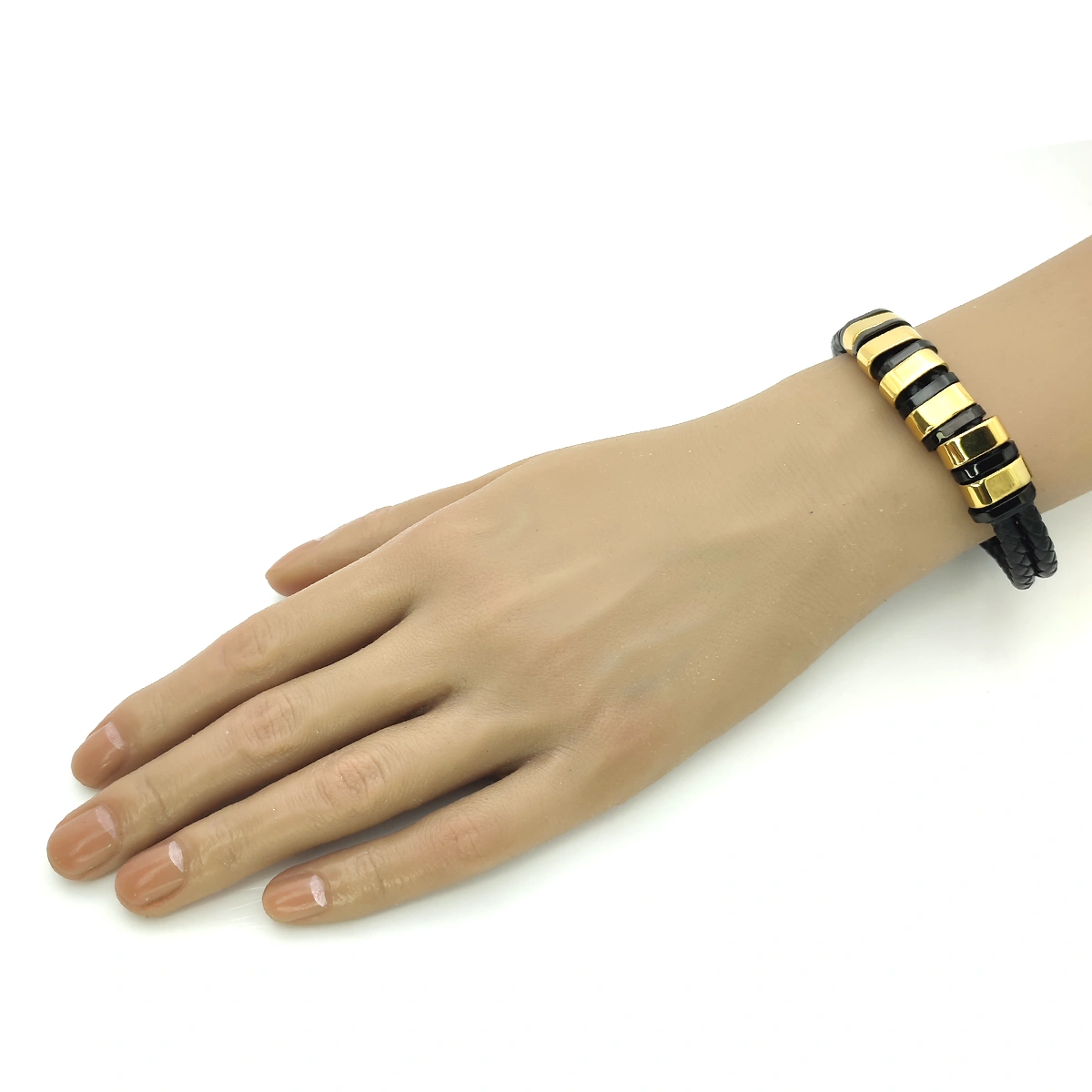 Pulsera Acero Dorado Piel Doble Tira 6 Cuentas Para Grabado