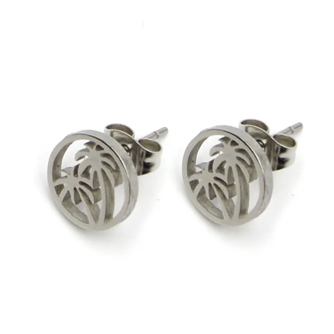 Set Joyeria Acero Plateado Cadena Aretes Dije Palma Playa