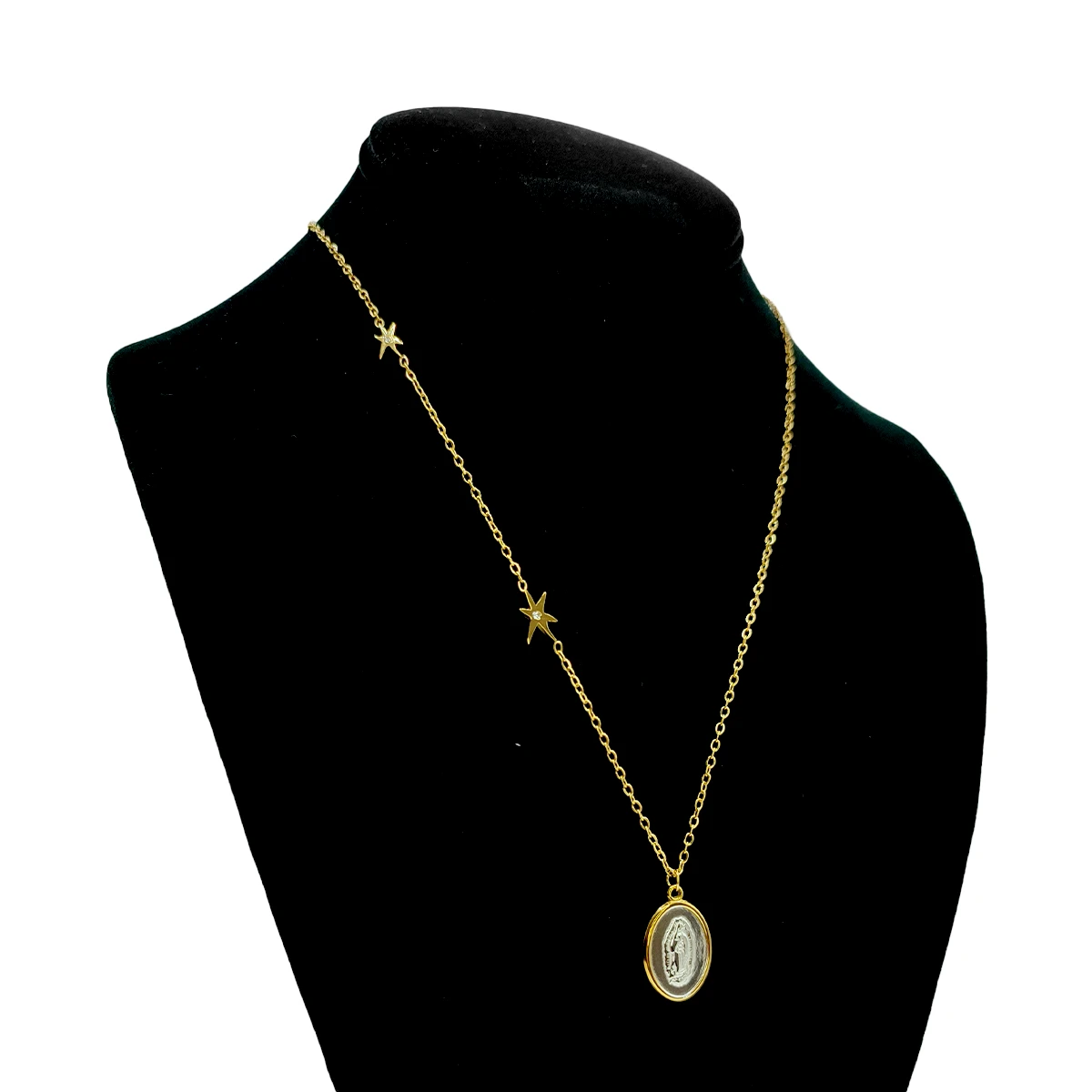 Collar Acero Bicolor Medalla Virgen de Guadalupe Estrellas
