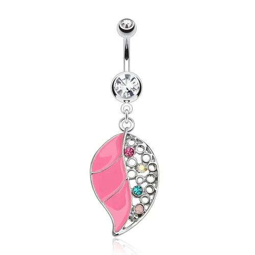 Piercing de Ombligo Hoja Rosa con Zirconias