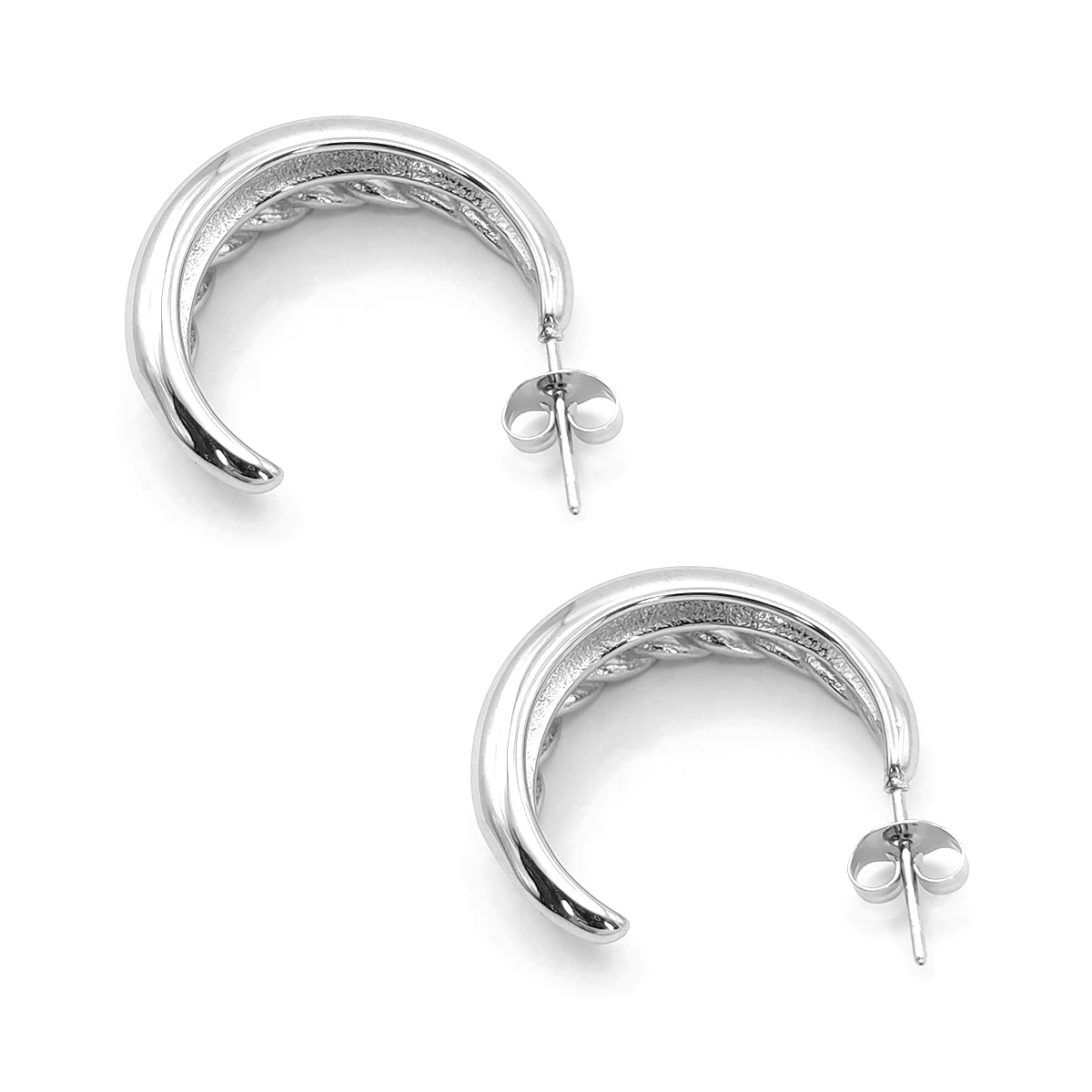 Aretes Acero Plateado Arracada Doble Torzal Tubo Liso