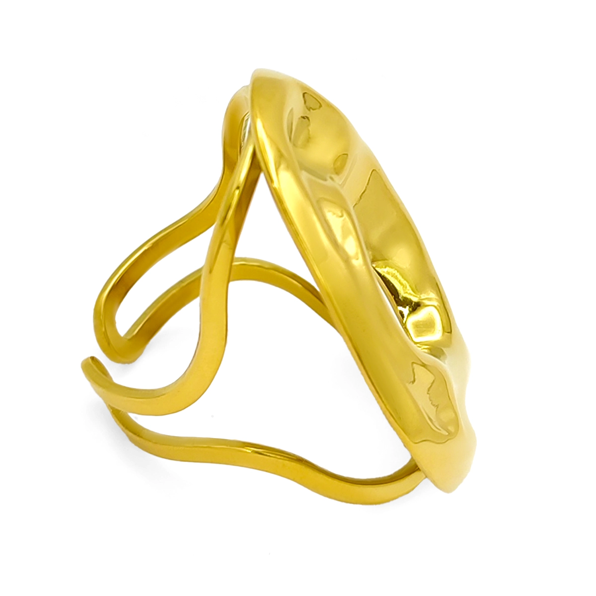 Anillo Acero Dorado Circulo Irregular Martillado Elegante