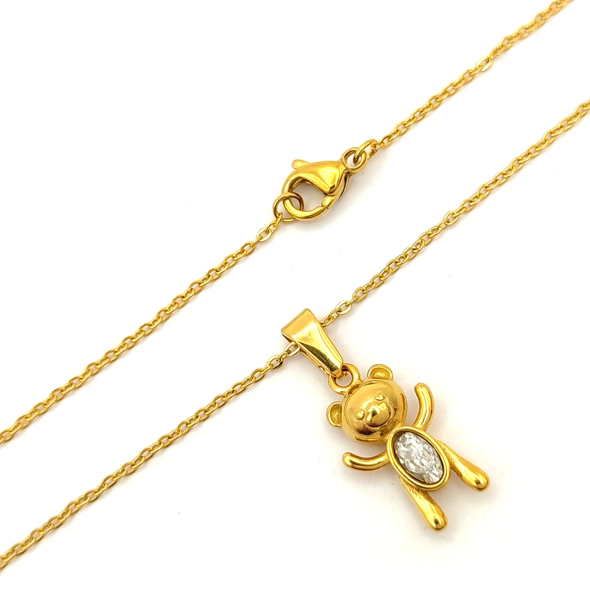 Collar Acero Dorado Oso Peluche Zirconia Cristal Oval