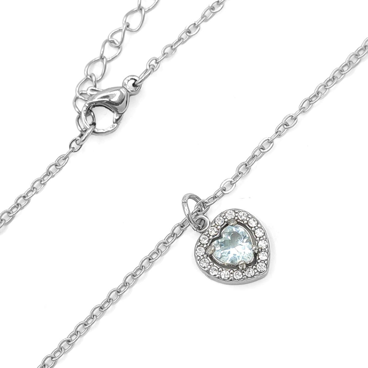 Collar Acero Plateado Cristales Corazón Zirconia Azul