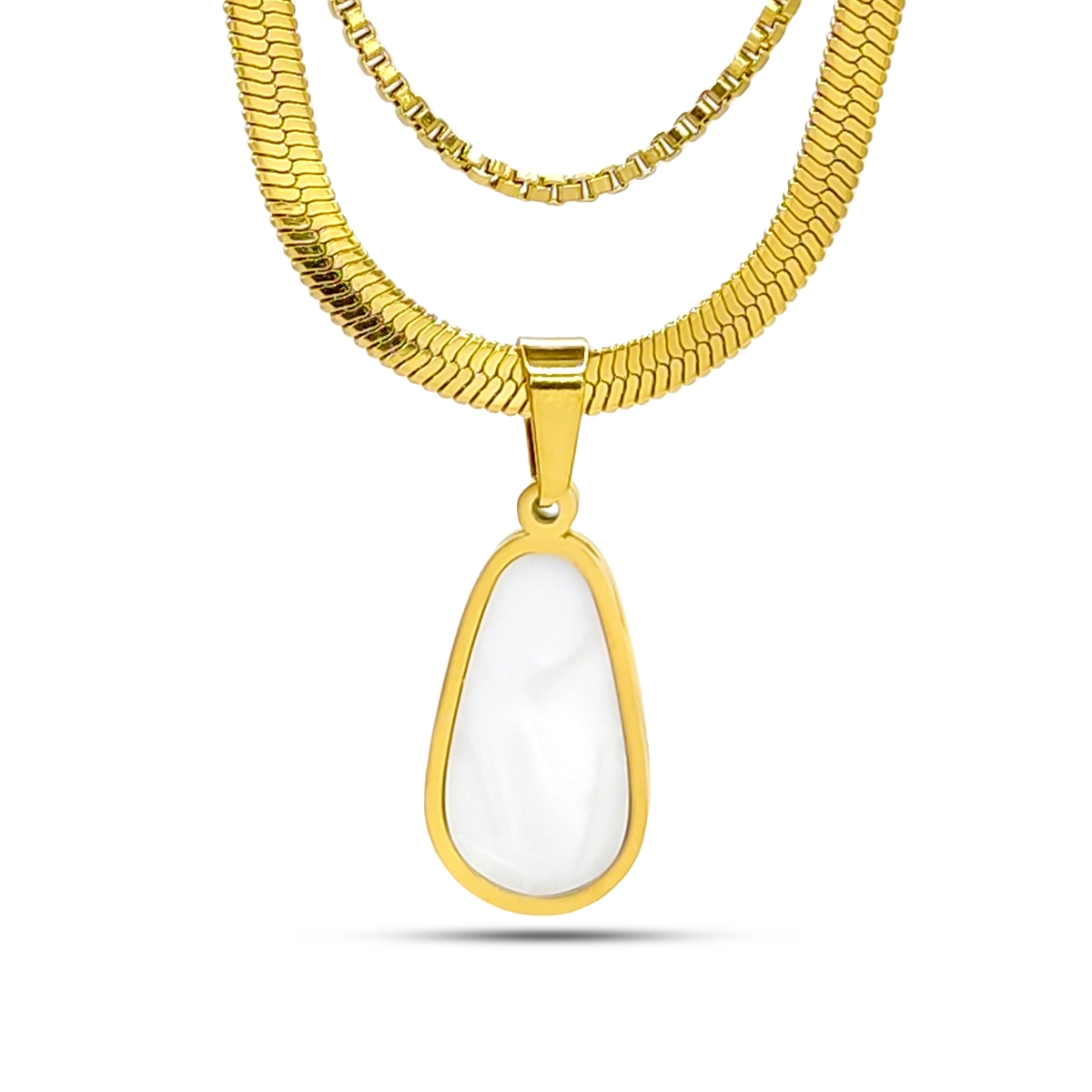 Collar Acero Dorado Doble Cadena Dije Gota Madre Perla