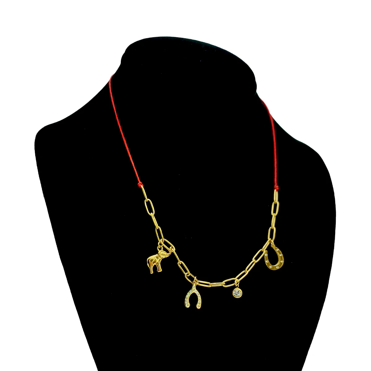 Collar Acero Dorado Simbolos Suerte Fortuna Hilo Rojo