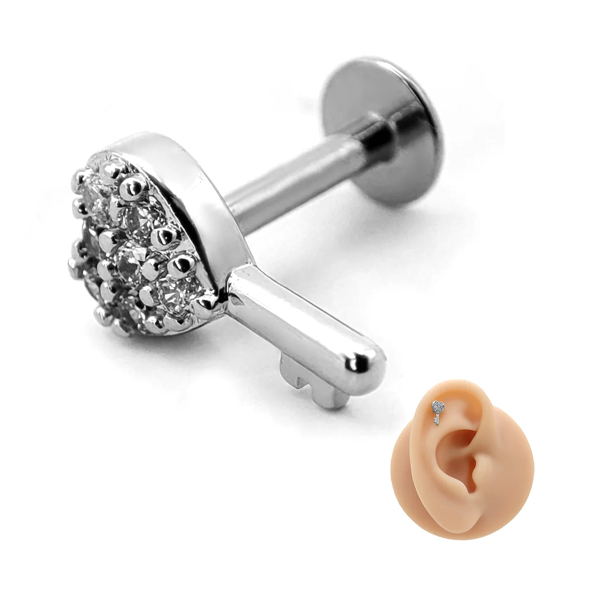 Piercing de Oreja Acero Llave Corazón Micro Cristales