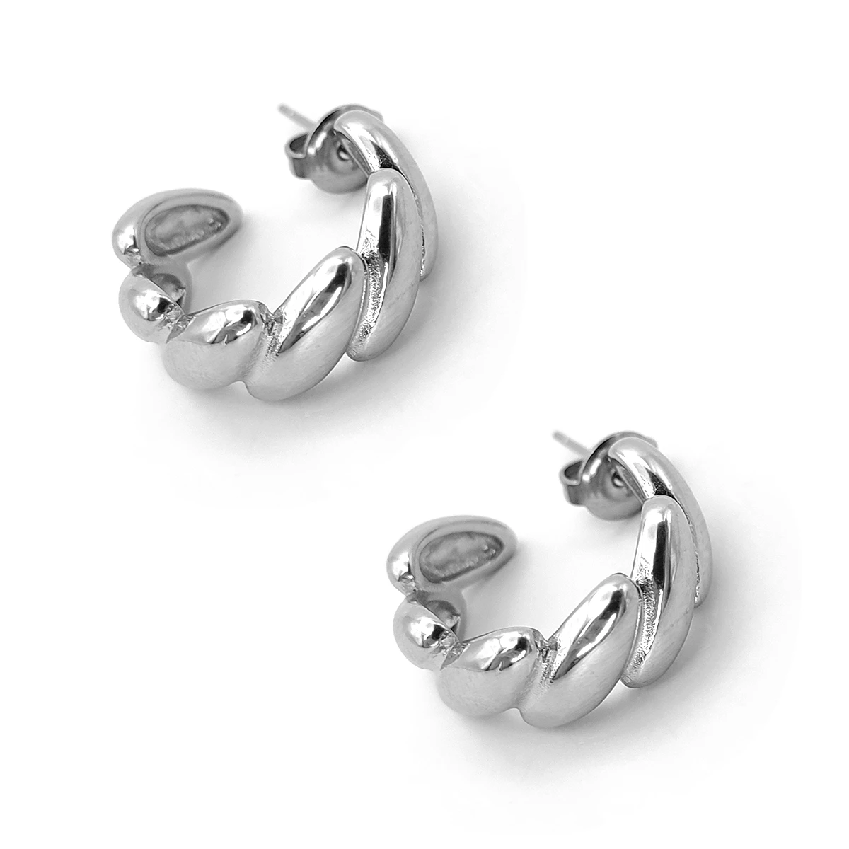 Aretes Acero Inox Plateado Media Arracada Trenzada