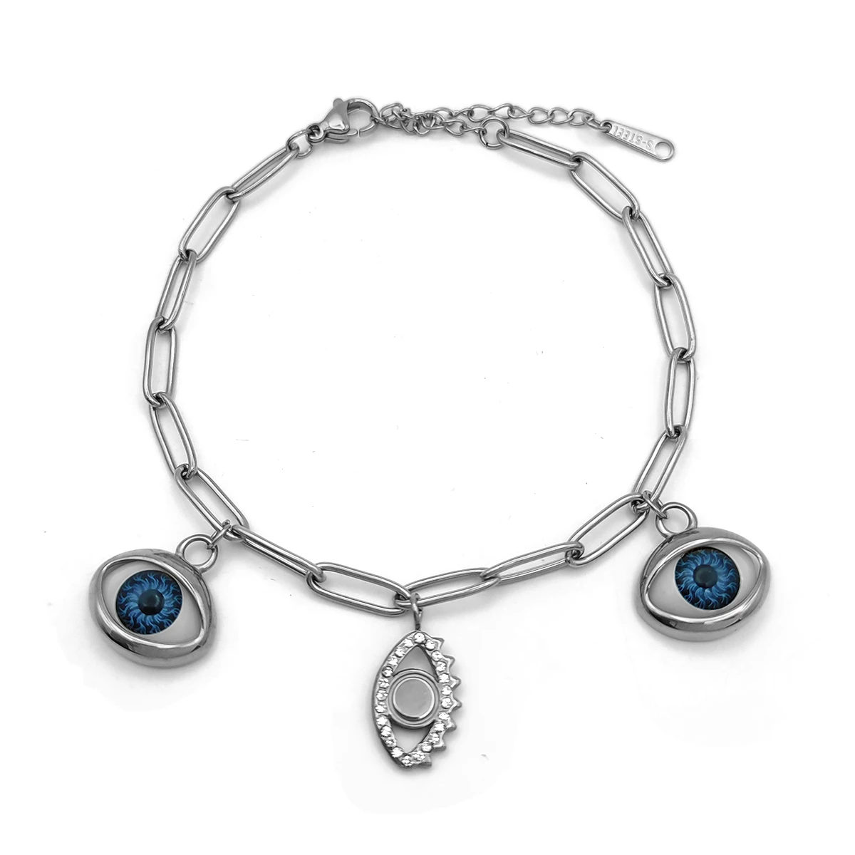 Pulsera Acero Ojos Colgantes Realista Azul y Zirconias