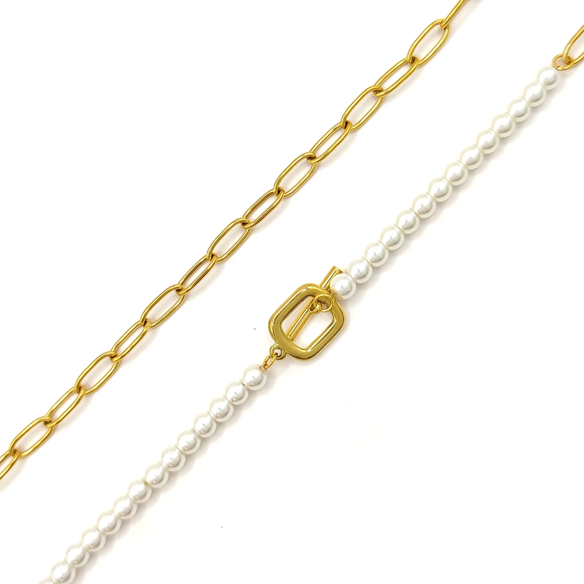 Collar Acero Dorado Perlas Eslabon Largo Broche Barra