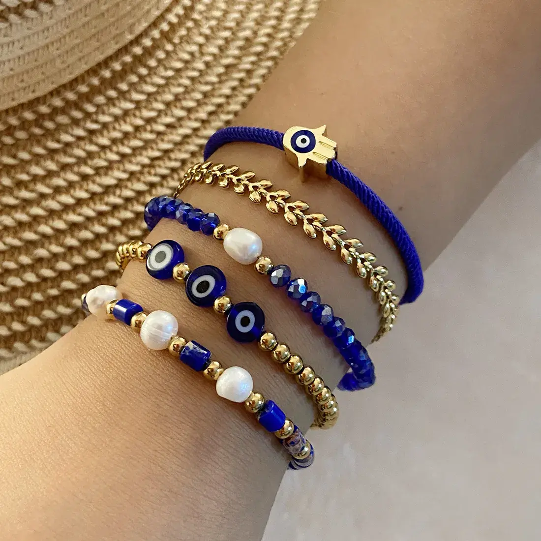 Pulsera Acero Inox Dorado Piedra Sodalita Perla de Río