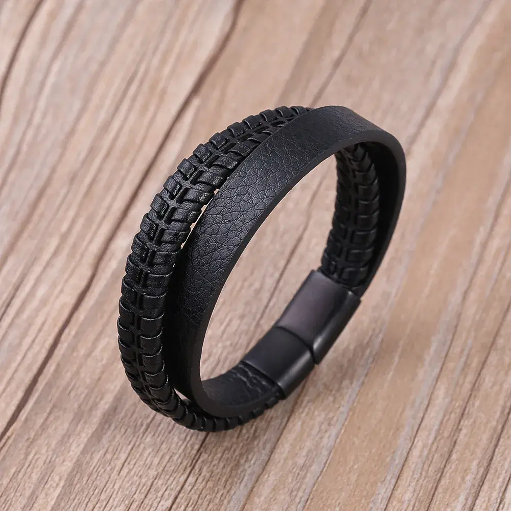 Pulsera Acero Negra Piel Dos Tiras Gruesas Tejida y Lisa