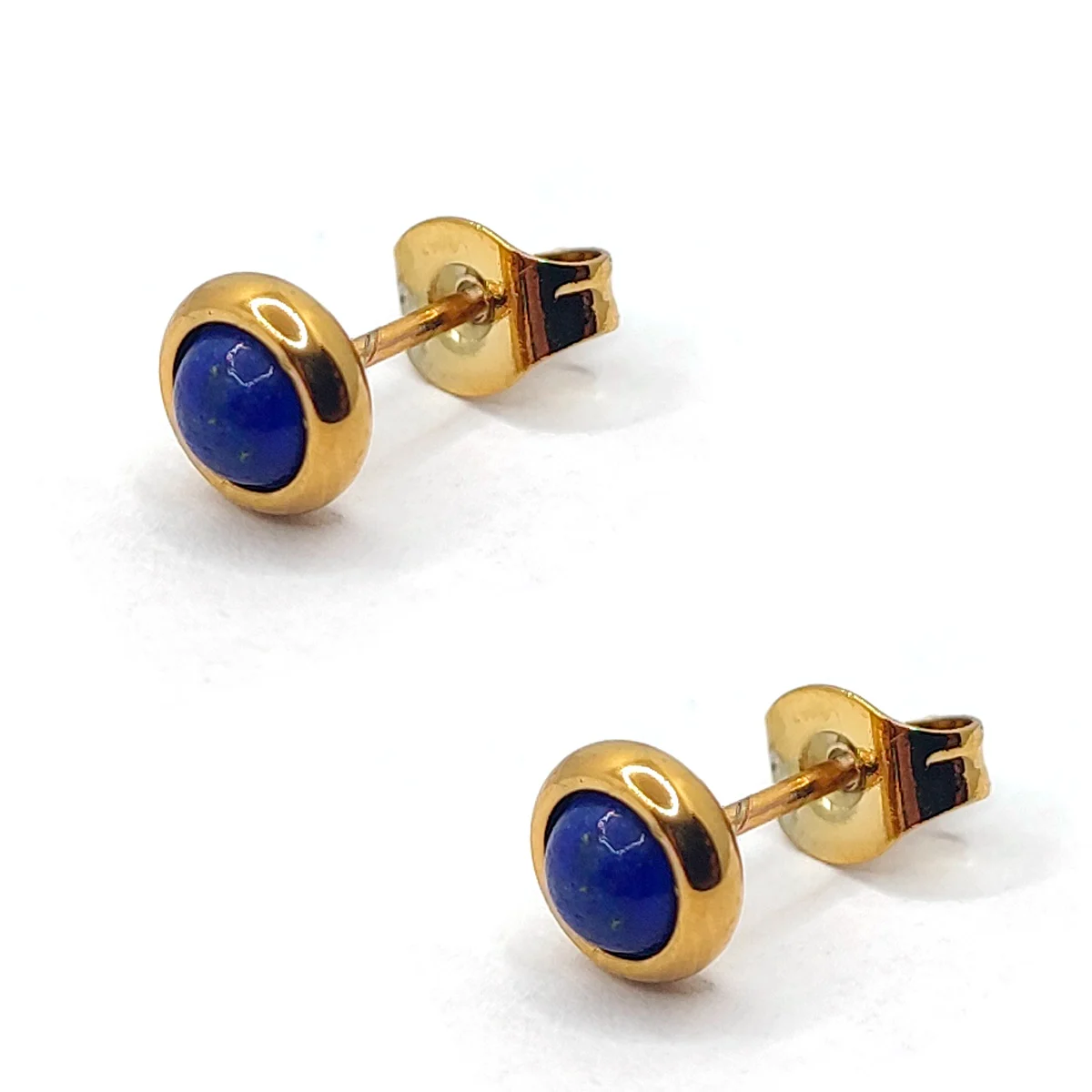 Aretes Acero Inox Dorado Tipo Broquel Lapislázuli 5mm