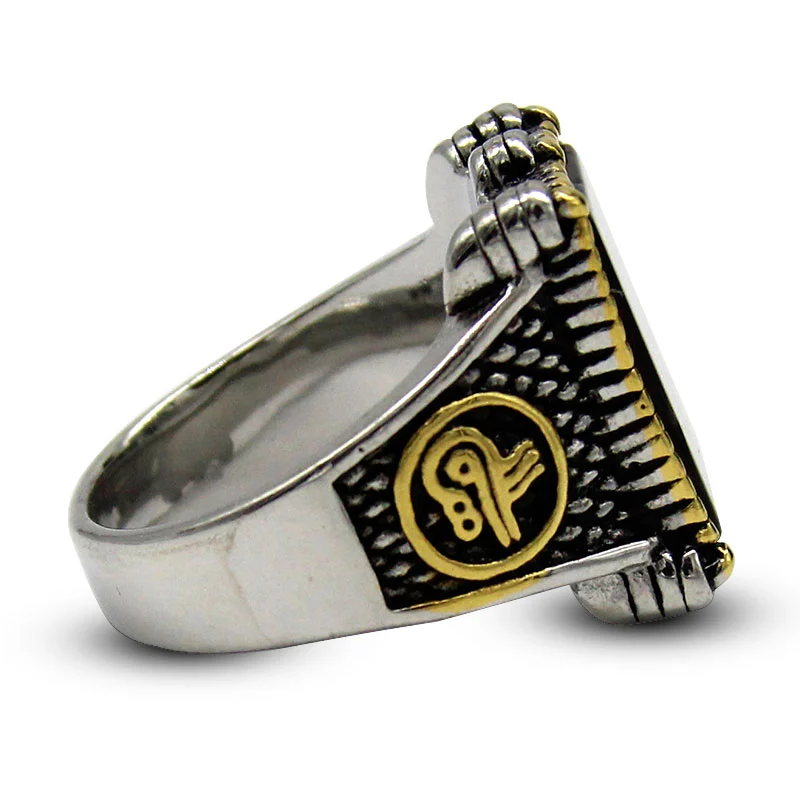 Anillo Hombre Acero Plata Dorado Piedra Cuadro Onix Negro