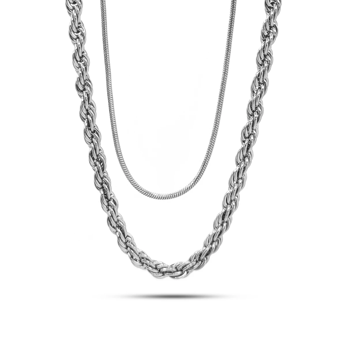 Collar Acero Inox Doble Cadena Torzal y Cola de Rata