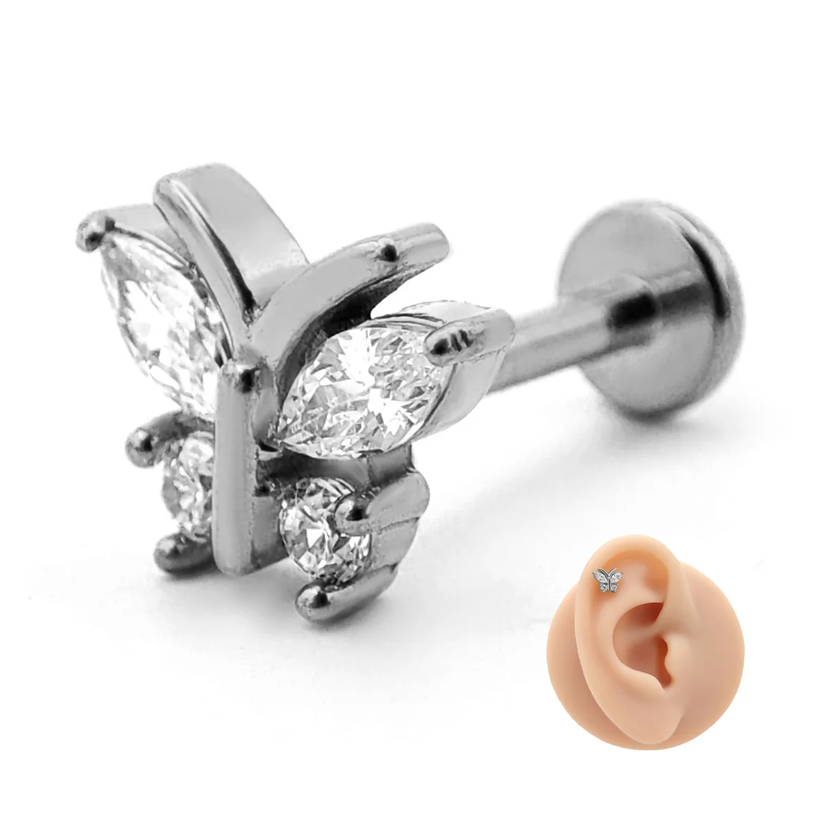 Piercing de Oreja Acero Mariposa de Zirconias Antenas