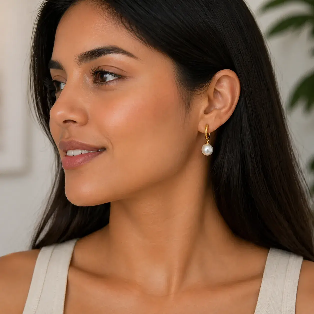 Aretes  Acero  Dorado Arracada Huggies Perla Colgante