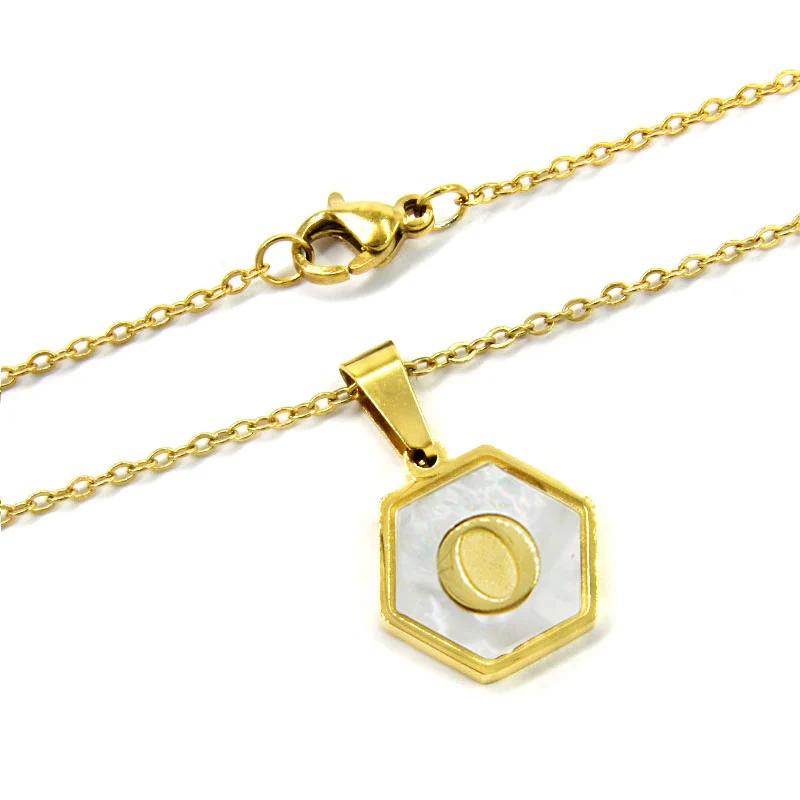 Collar Acero Inox Dorado Hexagonal Letra O Madre Perla