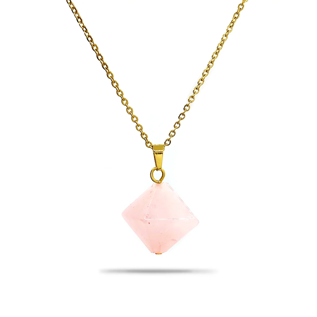 Collar Acero Inox Dorado Cuarzo Rosado Amor Forma Rombo