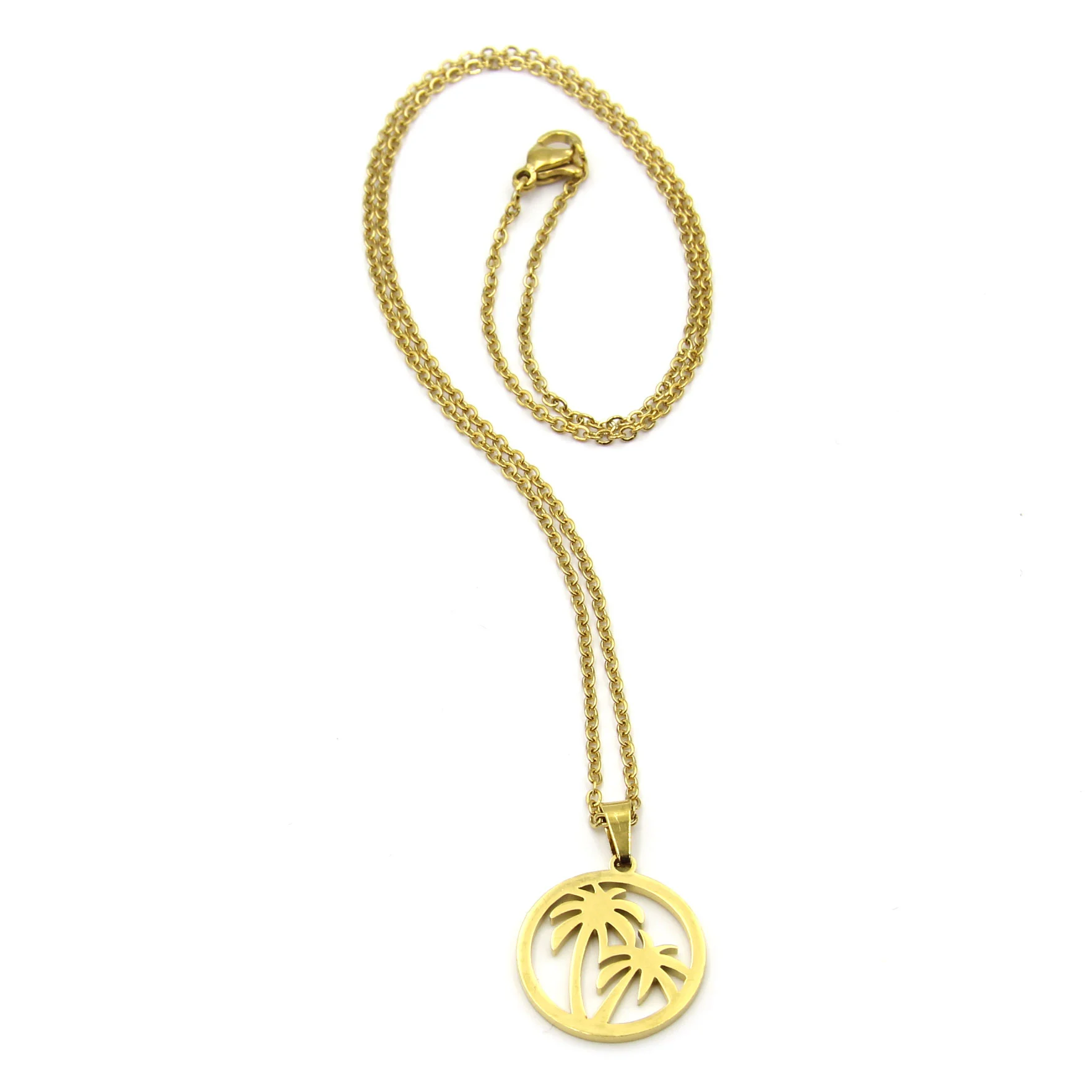 Set Joyeria Acero Dorado Cadena Aretes Dije Palma Playa