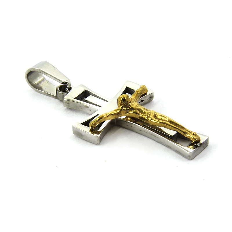 Dije Acero Plateado Cruz Latina Cristo Crucificado Dorado