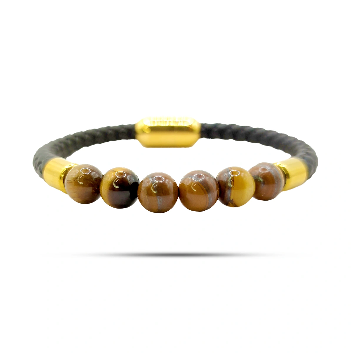 Pulsera Acero Dorado Piel Cuentas Ojo de Tigre Iman
