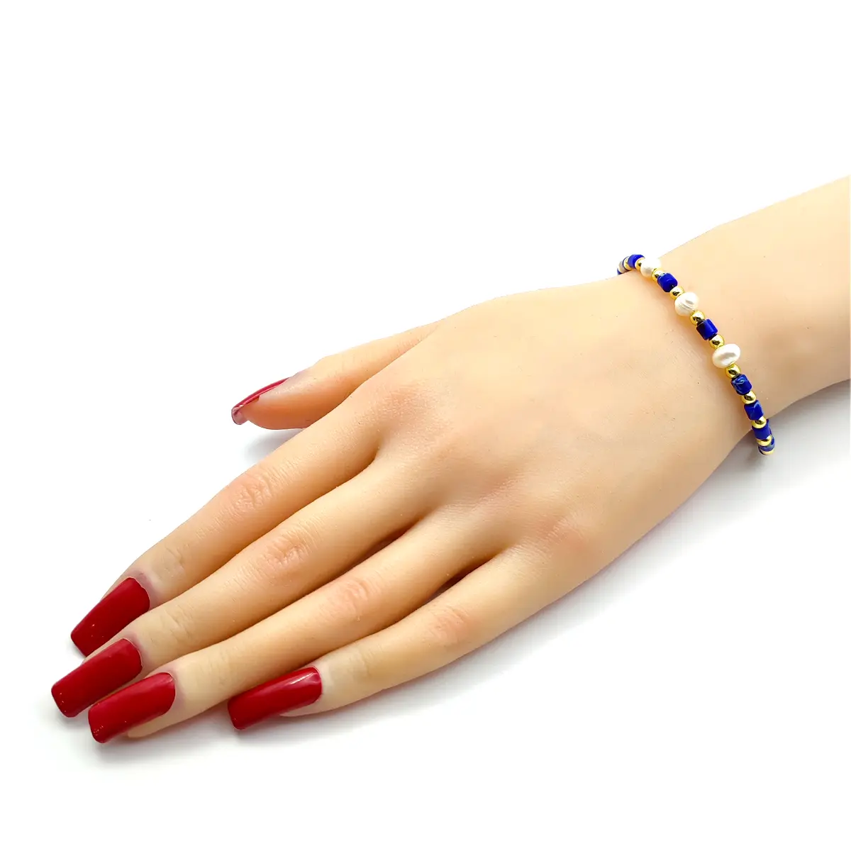 Pulsera Acero Inox Dorado Piedra Sodalita Perla de Río